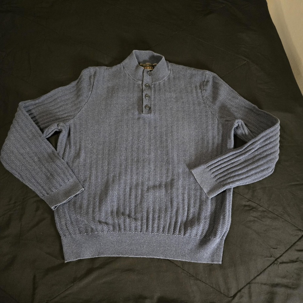 Jos. A. Bank Sweater Mens‎ XL Blue 90% Cotton Silk Herringbone Mock Henley Knit